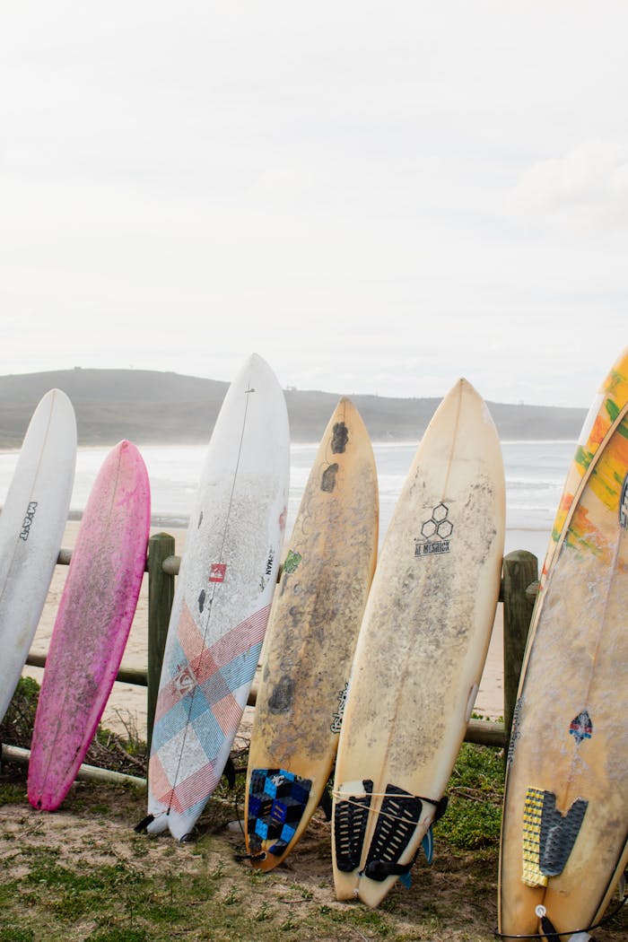 A variety of surfboards lined up on a sandy beach, ready for surf adventures.